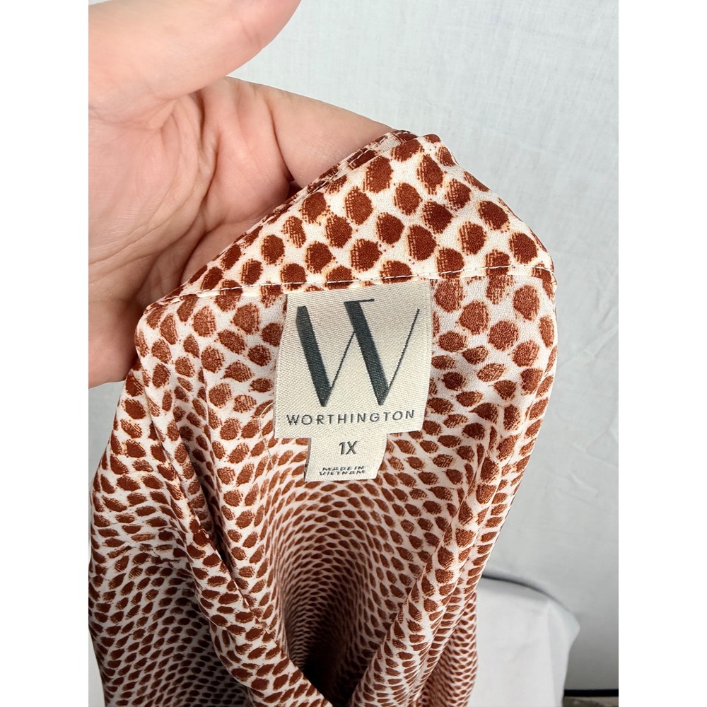 Worthington Womens Brown White Dot V-Neck Roll Tab Sleeve Blouse Top 1X - Picture 14 of 15